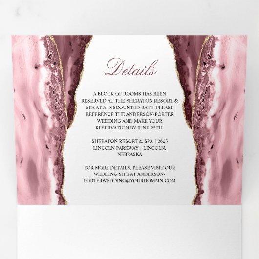 ピンクと金ゴールドアゲットオンホワイト結婚ズ 三つ折り招待状 (内部最初)