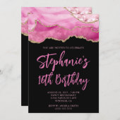 ピンクと金ゴールドアゲテはっきりしたブラック16誕生日 招待状 (正面/裏面)