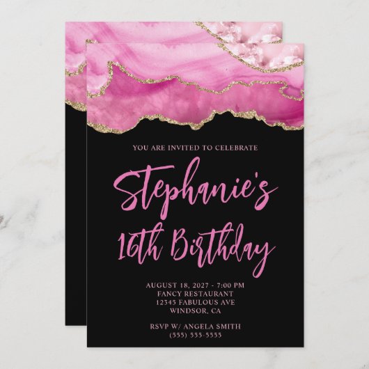 ピンクと金ゴールドアゲテはっきりしたブラック16誕生日 招待状 (正面/裏面)