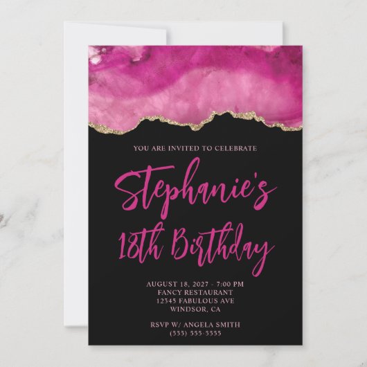 ピンクと金ゴールドアゲテはっきりしたブラック18誕生日 招待状 (正面)