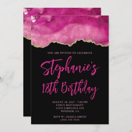 ピンクと金ゴールドアゲテはっきりしたブラック18誕生日 招待状 (正面/裏面)
