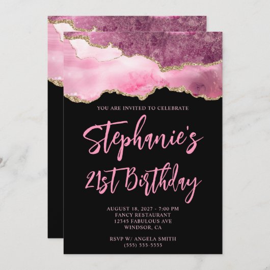 ピンクと金ゴールドアゲテはっきりしたブラック21歳の誕生日 招待状 (正面/裏面)