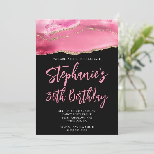 ピンクと金ゴールドアゲテはっきりしたブラック30歳の誕生日 招待状 (スタンド正面)