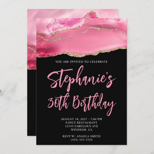 ピンクと金ゴールドアゲテはっきりしたブラック30歳の誕生日 招待状 (正面/裏面)