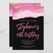 ピンクと金ゴールドアゲテはっきりしたブラック40歳の誕生日 招待状 (正面/裏面)