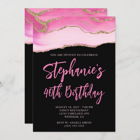 ピンクと金ゴールドアゲテはっきりしたブラック40歳の誕生日 招待状 (正面/裏面)