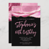 ピンクと金ゴールドアゲテはっきりしたブラック60誕生日 招待状 (正面/裏面)