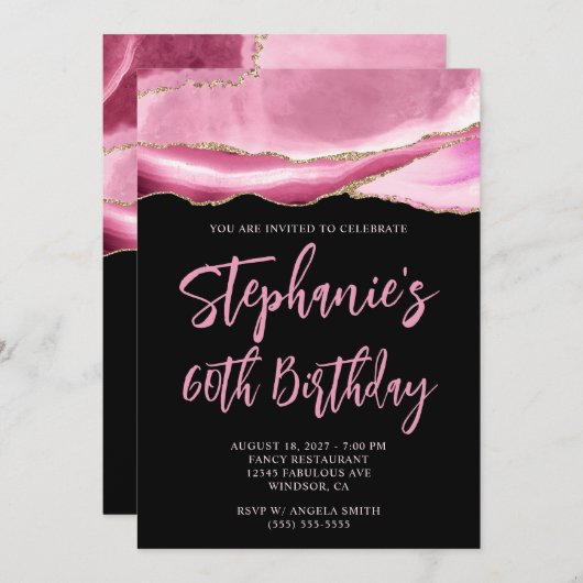 ピンクと金ゴールドアゲテはっきりしたブラック60誕生日 招待状 (正面/裏面)
