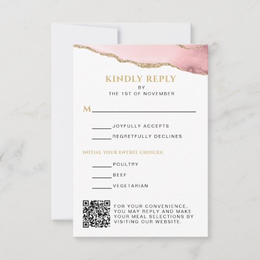 ピンクと金ゴールドアゲートバルミツワー垂直 出欠カード (正面)