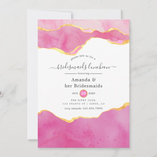 ピンクと金ゴールドアゲートブリデスメイドランチョン 招待状 (正面)