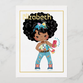 ピンクと金ゴールドアフリカ系アメリカ人自撮り誕生日 箔招待状