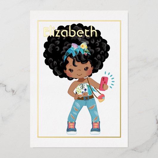 ピンクと金ゴールドアフリカ系アメリカ人自撮り誕生日 箔招待状 (正面)