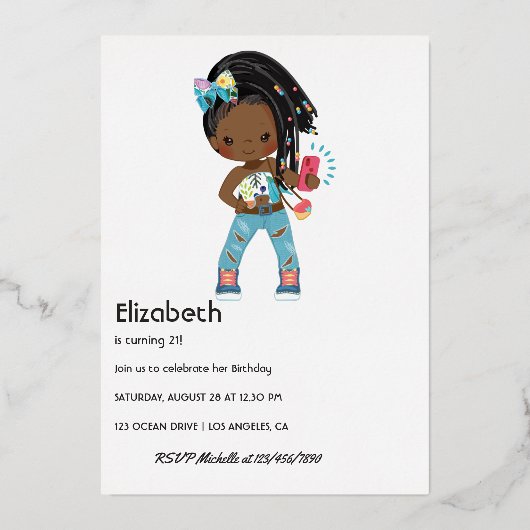 ピンクと金ゴールドアフリカ系アメリカ人自撮り誕生日 箔招待状 (裏面)