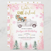 ピンクと金ゴールドウィンターウッドランドトラックファースト誕生日 招待状 (正面/裏面)