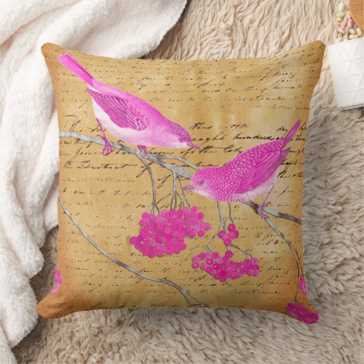 ピンクと金ゴールドエフエマラヴィンテージの鳥と手紙 クッション (ブランケット)