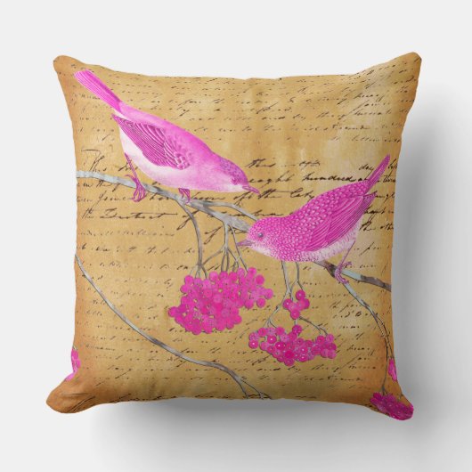 ピンクと金ゴールドエフエマラヴィンテージの鳥と手紙 クッション