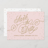 ピンクと金ゴールドエレガントの星の日付はがきを保存 案内ポストカード (正面/裏面)