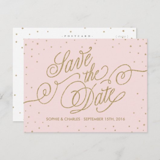 ピンクと金ゴールドエレガントの星の日付はがきを保存 案内ポストカード (正面/裏面)