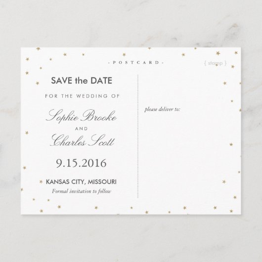 ピンクと金ゴールドエレガントの星の日付はがきを保存 案内ポストカード (裏面)