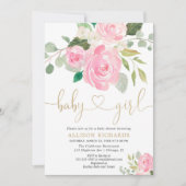ピンクと金ゴールドエレガントバラフローラ女の子の赤ちゃんシャワー 招待状 (正面)