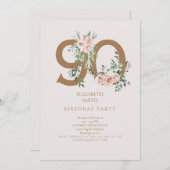 ピンクと金ゴールドエレガント90th誕生日パーティーへの招待 招待状 (正面/裏面)