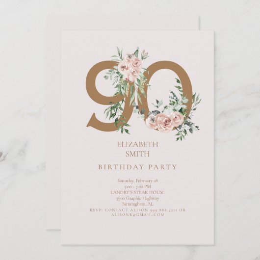 ピンクと金ゴールドエレガント90th誕生日パーティーへの招待 招待状 (正面/裏面)