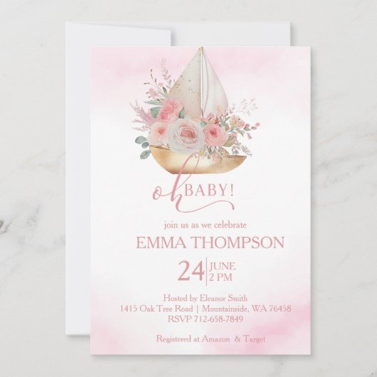ピンクと金ゴールドオベビー 航海の 招待状 (正面)
