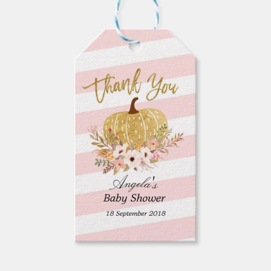 ピンクと金ゴールドカボチャありがとうラベル ギフトタグ (正面)