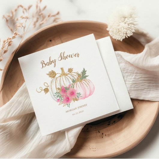 ピンクと金ゴールドカボチャのフローラベビーシャワー スタンダードカクテルナプキン