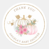 ピンクと金ゴールドカボチャのフローラベビーシャワー ラウンドシール (正面)