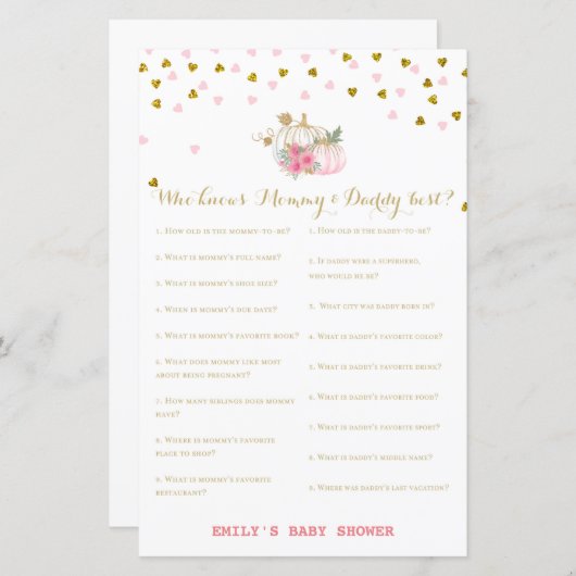 ピンクと金ゴールドカボチャの赤ちゃんシャワーゲーム (正面/裏面)
