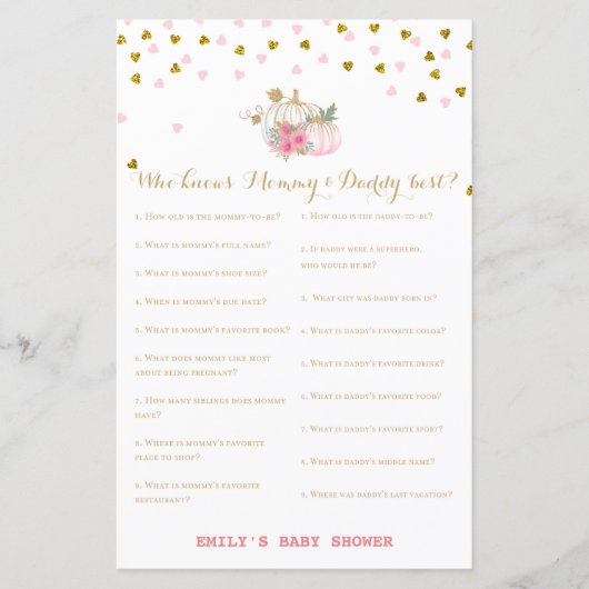 ピンクと金ゴールドカボチャの赤ちゃんシャワーゲーム (正面)