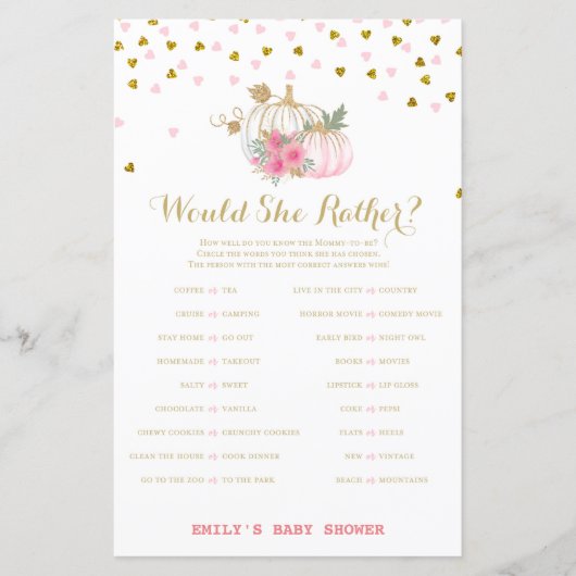 ピンクと金ゴールドカボチャの赤ちゃんシャワーゲーム (正面)