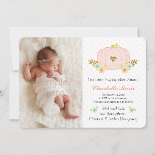 ピンクと金ゴールドカボチャベビー誕生のお知らせ 案内状 (正面)