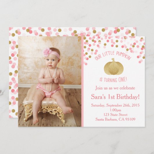 ピンクと金ゴールドカボチャ招待状ファースト誕生日 招待状 (正面/裏面)