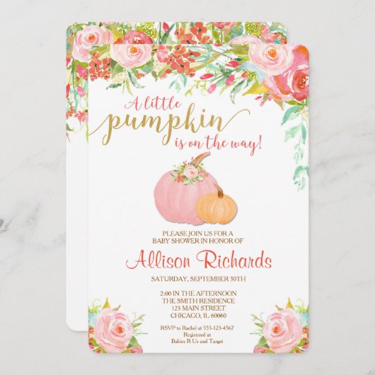 ピンクと金ゴールドカボチャ赤ちゃんシャワー招待，秋 招待状 (正面/裏面)