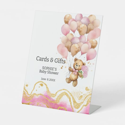 ピンクと金ゴールドカード&ギフトを待つ 台座サイン (正面)