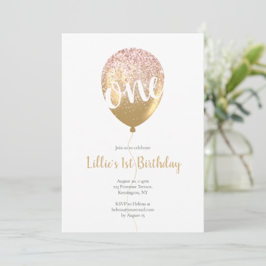 ピンクと金ゴールドガールのグリッター1st誕生日パーティー 招待状 (スタンド正面)
