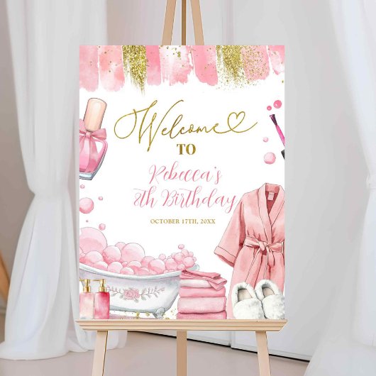 ピンクと金ゴールドガールスパパーティーウェルカムサイン ポスター