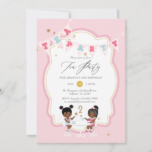 ピンクと金ゴールドガール2ndバースデーティーパーティー 招待状 (正面)