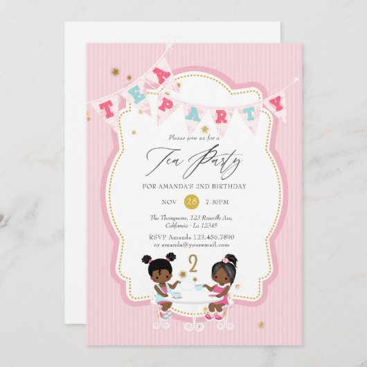ピンクと金ゴールドガール2ndバースデーティーパーティー 招待状 (正面/裏面)