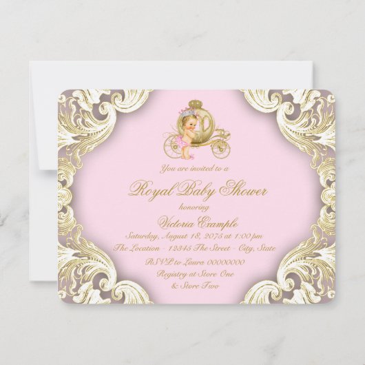ピンクと金ゴールドキャリッジガールズプリンセスベビーシャワー 招待状 (裏面)