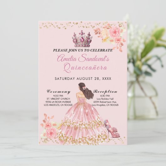 ピンクと金ゴールドキンセアニェラフローラ招待状 招待状 (スタンド正面)