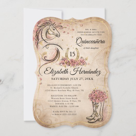 ピンクと金ゴールドキンセアニェラ素朴ホース誕生日 招待状 (正面)