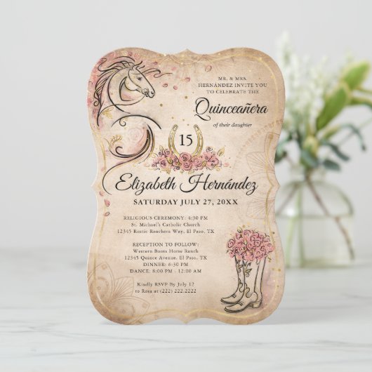 ピンクと金ゴールドキンセアニェラ素朴ホース誕生日 招待状 (スタンド正面)