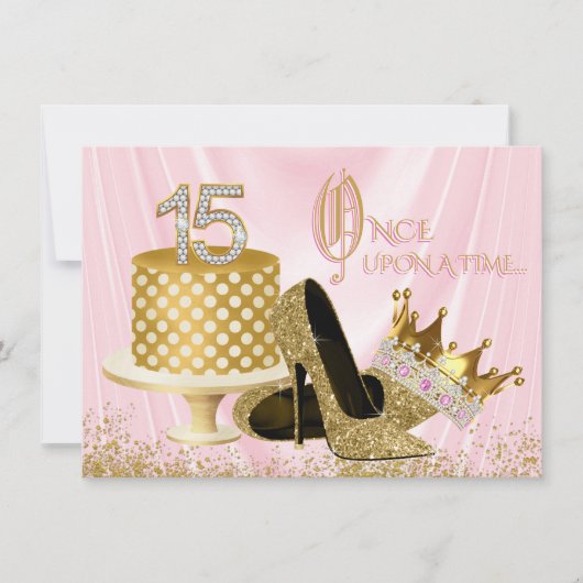 ピンクと金ゴールドキンセアニェラ誕生日パーティー 招待状 (正面)