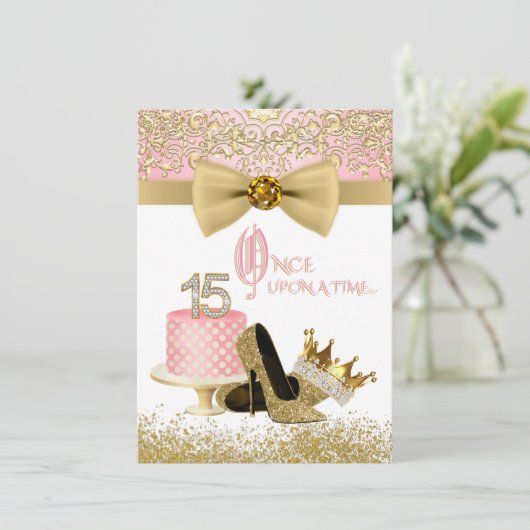 ピンクと金ゴールドキンセアニェラ誕生日パーティー 招待状 (スタンド正面)