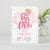 ピンクと金ゴールドクラウンバルーン第5誕生日招致 招待状 (スタンド正面)