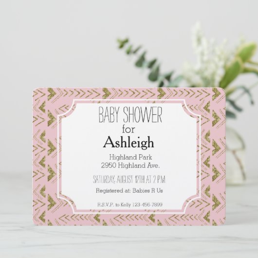 ピンクと金ゴールドグラムアローズ赤ちゃんシャワー 招待状 (スタンド正面)