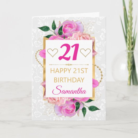 ピンクと金ゴールドグラムバラ誕生日 カード (正面)